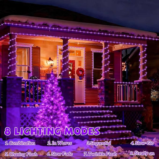 YEGUO Solar Rope Light Outdoor Waterproof, 66ft 200 LED Purple String Lights, 8 Modes Tube Christmas Lights in Clear Thin Tube