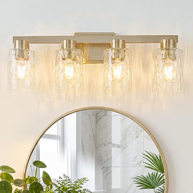 4-Light Bathroom Light Fixtures with Water Ripple Glass, Gold | Vanity Lights, Modern Wall Sconces, Over Mirror for Bathroom, Powder Room, Living Room