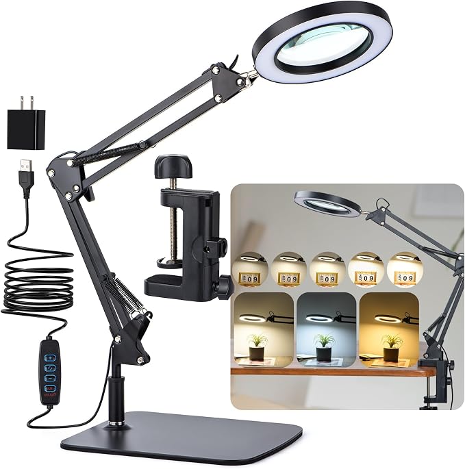 LED Magnifier Desk Lamp with Stand and Clamp, 3 Color Modes & Stepless Dimming 5-Diopter Glass Lens, Adjustable Swivel Arm - Magnifying lamp for Close Work, Repair, Crafts, Reading