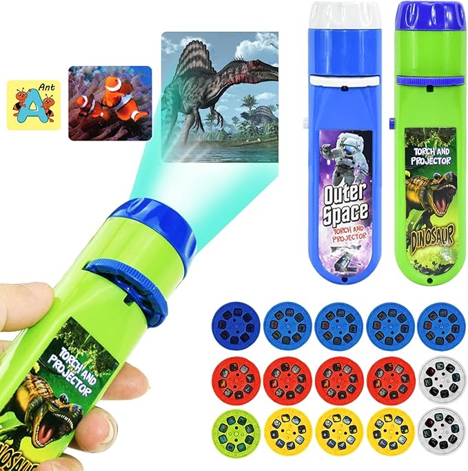 Torch Projector Projection 2PCS, Kids Flashlights Toys Lighting Story Torches Slide Lamp Educational Learning Bedtime Night Light for Children, Toddler, Boy, Girl (120 Images, Dinosaur & Space)