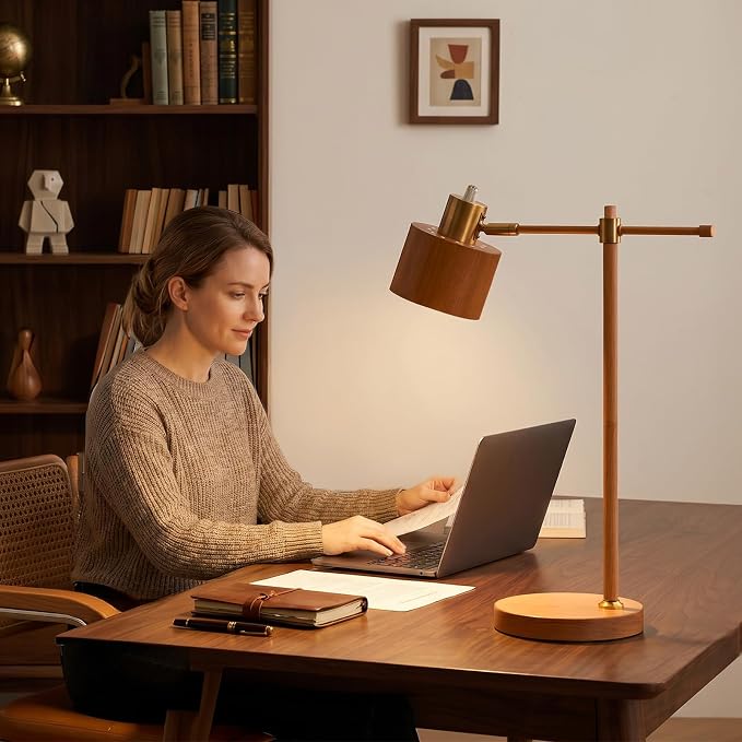 22.2" Mid Century Desk Lamp, Modern Metal Table Lamp with LED Bulb, Adjustable Reading Lamps, Industrial Task Lamp for Home Office, Farmhouse Bedside Lamps with Solid Base, Woodgrain