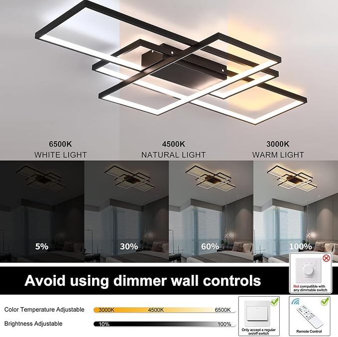 GEADI 35.4" Modern LED Ceiling Light, Dimmable Flush Mount with Remote | Black Geometric Square Light Fixture with Adjustable Color Temperature for Kitchen, Bedroom, Dining Room and Hallway