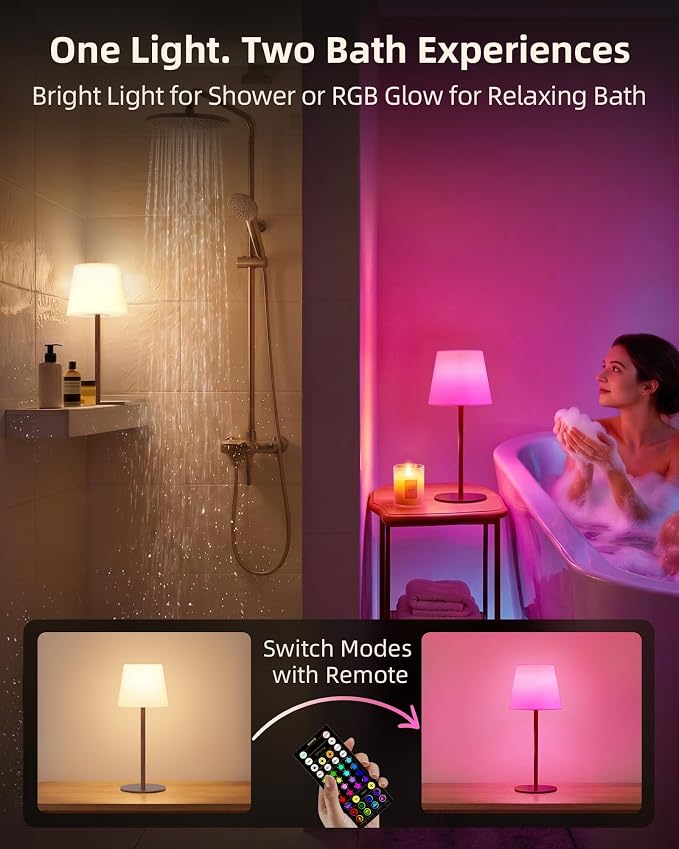 EZVALO Spa-Like Shower Lamp – Waterproof Bathroom Lamp with Remote, Rechargeable Cordless Mood Light, 3 Color Temps & 80 RGB Colors for Relaxing Bathroom & Bathtub Experience (1 Pack)