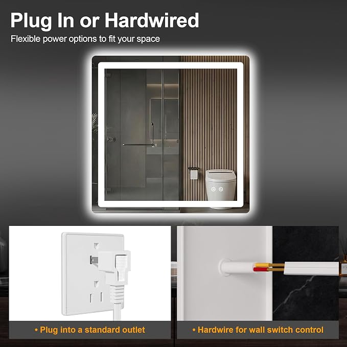 LED Bathroom Vanity Mirror with Lights, 30"x30" Lighted Wall Mirror | Front and Backlit, Anti Fog, Dimmable 3 Color Lighting, Memory Function, Shatterproof Glass, Plug in or Hardwired