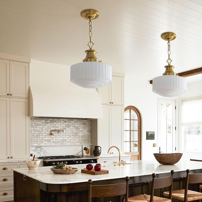 Milk Glass Pendant Light, 10.63" White Pleated Glass Chandelier, Vintage Brass Antique Pendant Lights, for Kitchen Island Lighting, Hallway, Bedroom, Dining Room, Foyer, E26 Bulb Included
