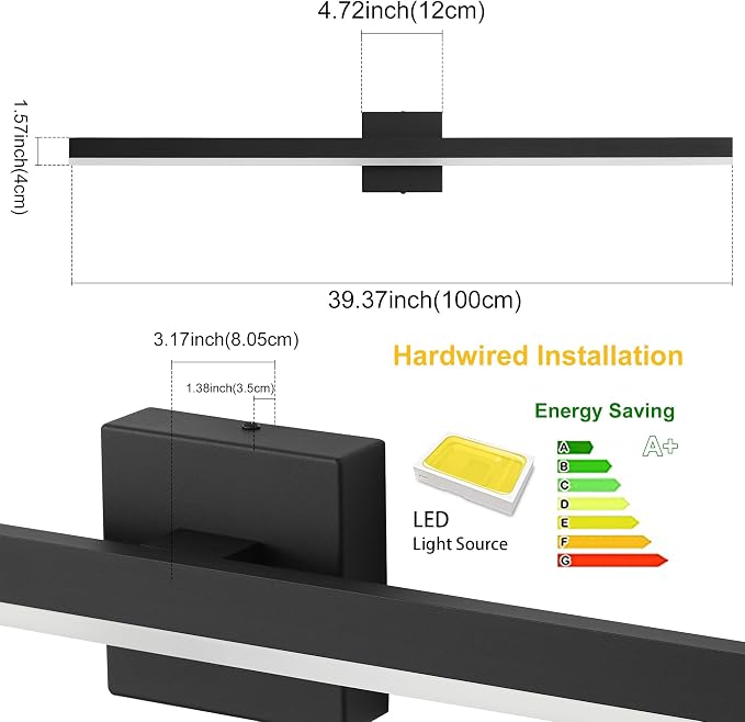 Black Bathroom Vanity Light Fixture 39.4'' 20W Dimmable 5CCT LED Hardwired | Bathroom Light Fixture Over Mirror, Bathroom Wall Sconce, Rust-resistant, ETL Certificated, 2700K/3000K/3500K/4000K/5000K