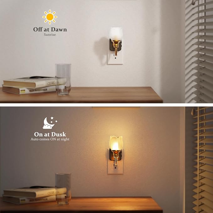 JandCase Night Light, Color Changing Night Lights Plug into Wall RGB | Glass Tulip LED Nightlight, Dimmable Flower Nightlights, Dusk to Dawn Sensor, 180° Rotating Vintage Nite Light for Bathroom