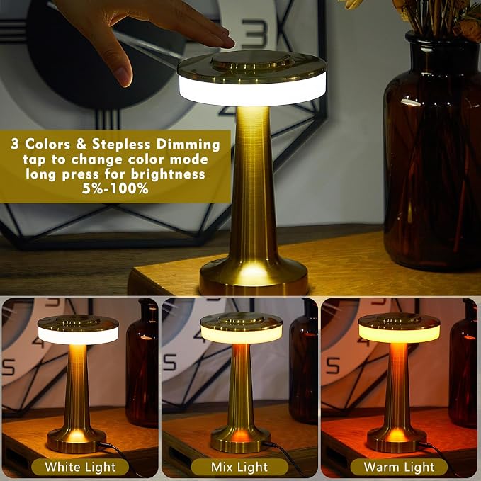 Riakrum 1 Pcs Gold LED Portable Cordless Table Lamp Bulk with Touch Sensor 3 Color Stepless Dimming Rechargeable Battery up to 15 Hours Cordless Table Light Wireless Lamp Wedding Home