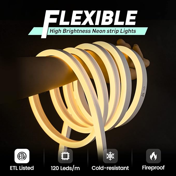 GZBtech Flexible LED Neon Rope Lights 82FT,AC 110-120V Waterproof Strip Light, 120 LEDs/M Cuttable Connectable Neon Lighting for Indoor Outdoor Home Decor/Commercial Use-Warm White 25M, ETL Listed