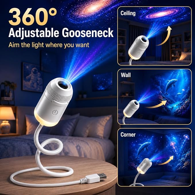 Hd Smart Dynamic 5d Holographic Night Light Projector, 2027 Upgraded Plug and Play Hd Star Projector, 360° Adjustable Hd Galaxy and Ocean Projector for Bedroom Ceiling (12 Projection Films)