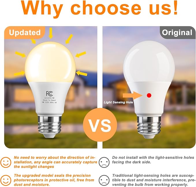 TJOY Dusk to Dawn Light Bulb Outdoor, Light Sensor, Automatic On/Off, 2700K | Photocell A19 LED Bulb for Outdoor Porch Lighting, 60W Equivalent, Energy Efficient 9W, Soft White, E26 Base, 8 Pack