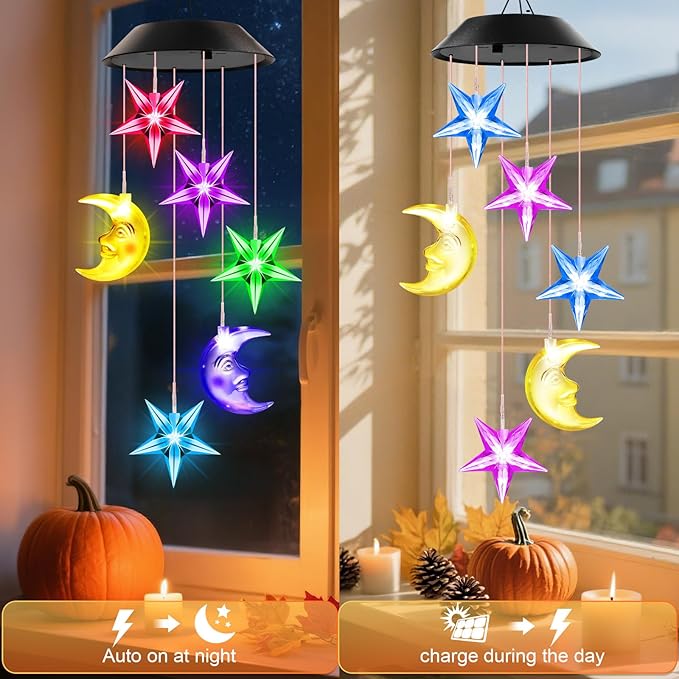 Winzwon Solar Lights Outdoor Moon Star Wind Chimes for Outside | Birthday Gifts for Women Mom Grandma Her Wife Mothers Day Christmas Garden Yard Patio Porch Deck Hanging Decor
