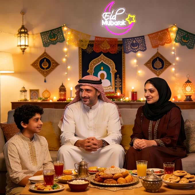 Eid Mubarak Neon Sign Islamic LED Lights for Wall Mosque Eid Al Adha Decor | Eid Al Fitr Supply, Ramadan Mubarak Decoration, Dimmable Moon Star Neon Light, Muslim LED Sign, Acrylic Wall Art, USB Powered