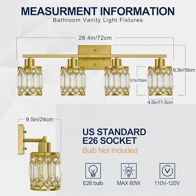 Crystal Modern Bathroom Light Fixtures, 4-Light Brushed Gold Bathroom Vanity Wall Light, Vanity Lights for Mirror, Restroom, Bedroom (E26 Socket, Bulbs Not Included)