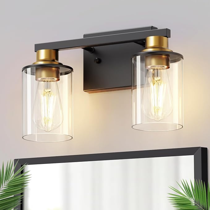 Bathroom Light Fixtures, 2-Light Black and Gold Bathroom Lights Over Mirror with Clear Glass Shade, Vanity Lights for Hallway Bedroom Living Room, ETL Listed | Modern Vanity Lights With Clear Glass Shade, Bathroom Wall Light for Mirror, Kitchen, Living...