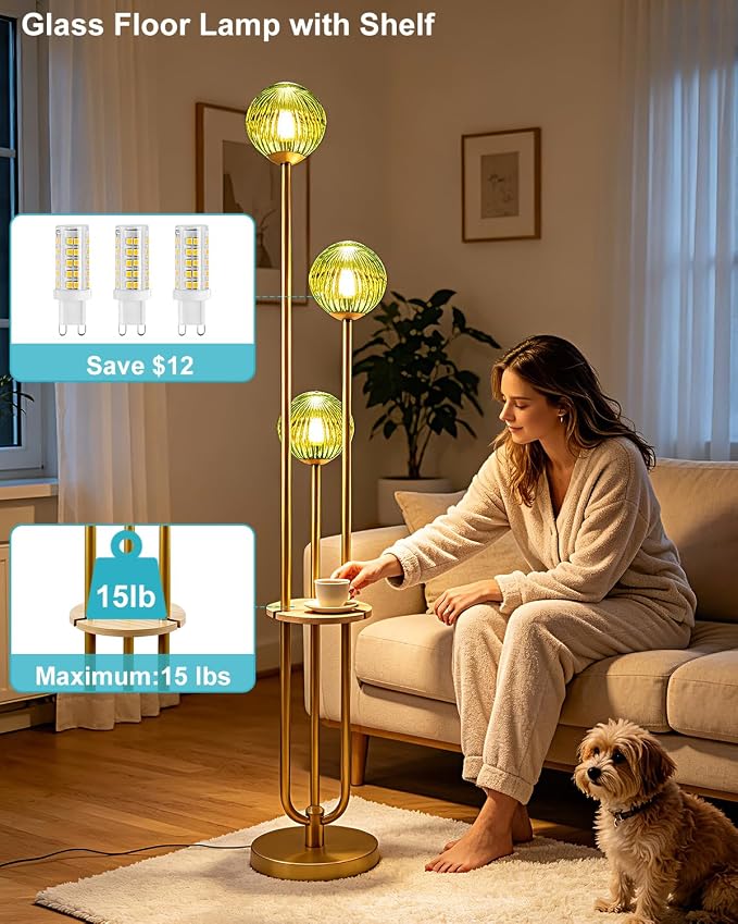 Lightdot Green Glass Floor Lamp with Shelf 63IN Dimmable Mid Century Modern Gold Standing Lamps 3000K Bulbs Included Globe Floor Lamp with 5Lbs Heavy Base for Living Room/Wedding/Sofa Beside/Corner