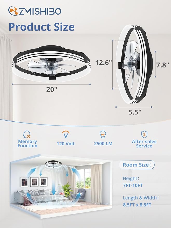 ZMISHIBO Low Profile Ceiling Fans with Lights and Remote, 20" Black | 3000K-6000K Dimmable Fandelier LED, Flush Mount, 6 Wind Speeds, Reversible, Timer, Bedroom, Living Room, Kitchen, Kids Room