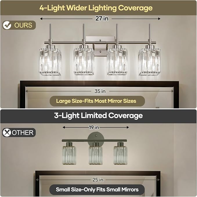 Torondo Modern Crystal Bathroom Vanity Light 4-Light Brushed Nickel Bathroom Light Fixtures Over Mirror Vanity Lighting Fixtures Square Shade Wall Sconce (Bulbs Not Include)