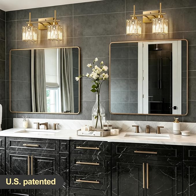 Torondo Modern Crystal Bathroom Vanity Light 2-Lights Brushed Gold Bathroom Light Fixtures Over Mirror Brushed Gold Vanity Lighting Fixtures Square Shade Wall Sconce (Bulbs Not Include)