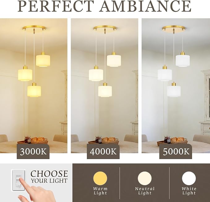 Brushed Gold Dining Room Chandelier Light Fixture, 3-Light Pendant Lighting with Milk Glass, Modern Kitchen Island Cluster Hanging Pendant Lights for Kitchen Dining Room, OS-YQ8153-3BGW