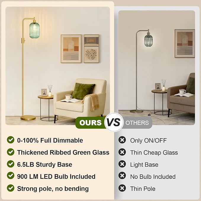 【Upgraded】 Dimmable Floor Lamp for Living Room with Green Ribbed Glass Lampshade, Gold Modern Floor Lamp with 900LM LED Bulb Included, Arc Standing Tall Lamp for Bedroom, Office, Reading Room, Corner