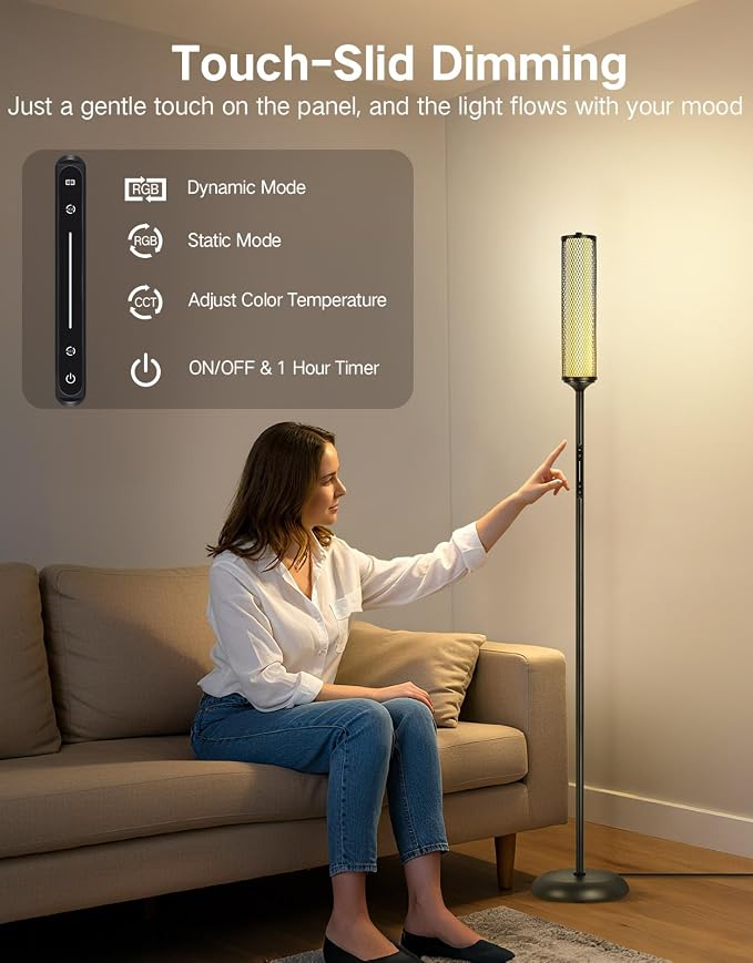 OUTON LED Floor Lamp with Remote & APP Control, Tall Standing Lamp, 16 Million Colors, 32 Scene Modes & Music Sync, Modern Corner Lamps for Living Room, Bedroom, Gaming, Black & Metal Lampshade