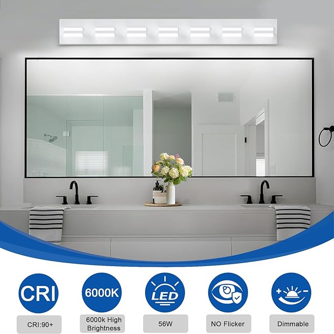 IZORRO LED Modern Bathroom Lights Fixtures(7-Light,Dimmable),Matte White Acrylic Wall Lighting,Vanity Lights for Bathroom Over Mirror - 6000k 40In （No Assembly Required）