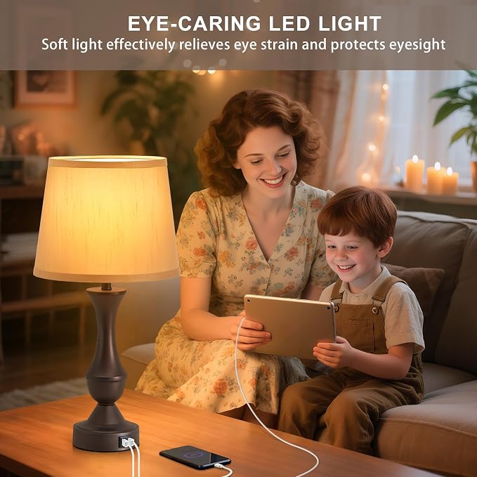 Luvkczc 22" Table Lamp Set of 2 - Farmhouse Vintage Brown Bedside Lamp with Brown Fabric Shade, Dimmable, USB C+A Ports, Nightstand Lamp for Living Room Bedroom (Bulb Included)