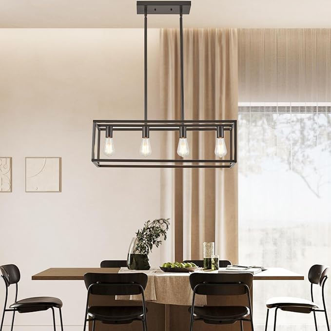 Farmhouse Rectangle Chandeliers for Dining Rooms, Modern Linear Hanging Light Fixture Matte Oil-Rubbed Bronze 4-Light Industrial Pendant Lighting for Kitchen Island