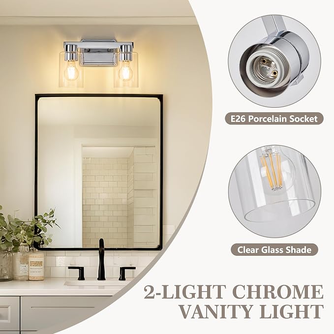 2-Light Bathroom Light Fixtures with Clear Glass, Chrome | Vanity Lights, Modern Wall Sconces, Over Mirror for Bathroom, Powder Room, Living Room