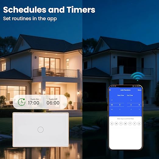 WiFi Energy Monitoring Smart Light Switch,Single Pole 1-Button,Neutral Wire Required,2.4GHz,Compatible with Alexa,Tuya/Smart Life App,Single-Gang,Aluminum Frame 2.5D Glass Panel,White