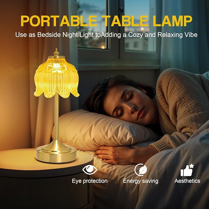 Cordless Table Lamp, Rechargeable Honey Gold Glass Lotus Flower Lamp | 5200mAh touch lamp with 3 color modes and stepless dimming, battery operated lamp for nightstands and kitchen counters