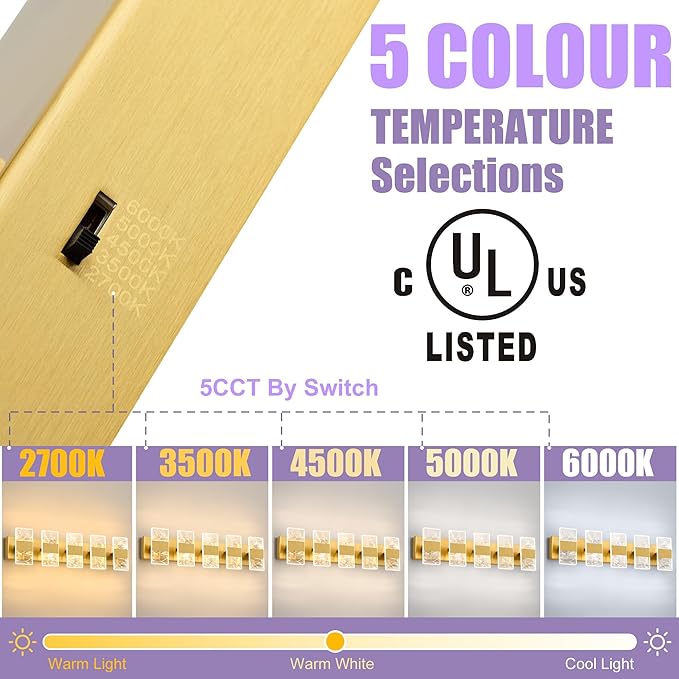 Modern LED Bathroom Light Fixtures Dimmable 5-Light Gold Vanity Light, 5CCT Adjustable Lighting Fixture Vanity Lights Over Mirror, Smoked Acrylic LED Vanity Lights for Bathroom
