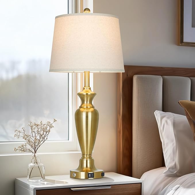 Gold Table Lamp for Living Room Single, 30″ Tall Touch Control Bedside Lamp for Nightstand, 3-Way Dimmable Bedroom Lamp with USB A+C Ports and AC Outlet (1 Pack)