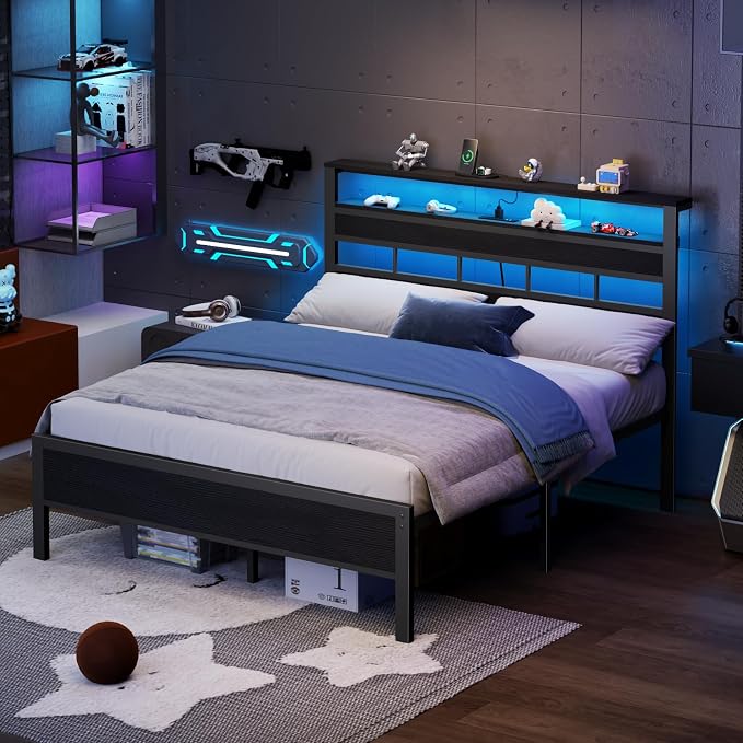 Queen Bed Frame with Storage Headboard and LED Lights, Black Oak | Heavy Duty Metal Slats Support, 2-Tier Wood Shelf, Charging Station:USB & Type-C Ports,Noise-Free,No Box Spring,Easy Assembly