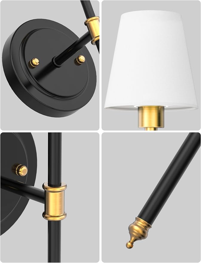 Battery Operated Wall Sconce: Set of 2 Wireless Wall Light 12000mAh | 15 Color Rechargeable Wall Sconces, Sconce Wall Decor Set of 2 for Bedroom, Living Room, Gold and Black, 24.6in