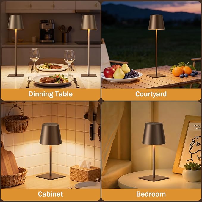 Kakanuo Brown Cordless Rechargeable Table Lamp, 2 Pack Portable Desk Lamp with 5000mAh Battery, Touch Control Stepless Dimming, for Dining, Outdoor Camping, Coffee Shop
