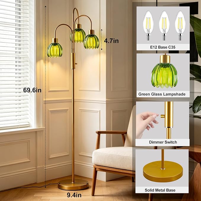 3-Light Glass Floor Lamp, 70" Gold Dimmable Standing Tall Lamp with Green Ribbed Glass Shades &3PCS 3000K Warm White Bulbs, Modern Tree Pole Lamp for Living Room Bedroom Home Office Corner Decor