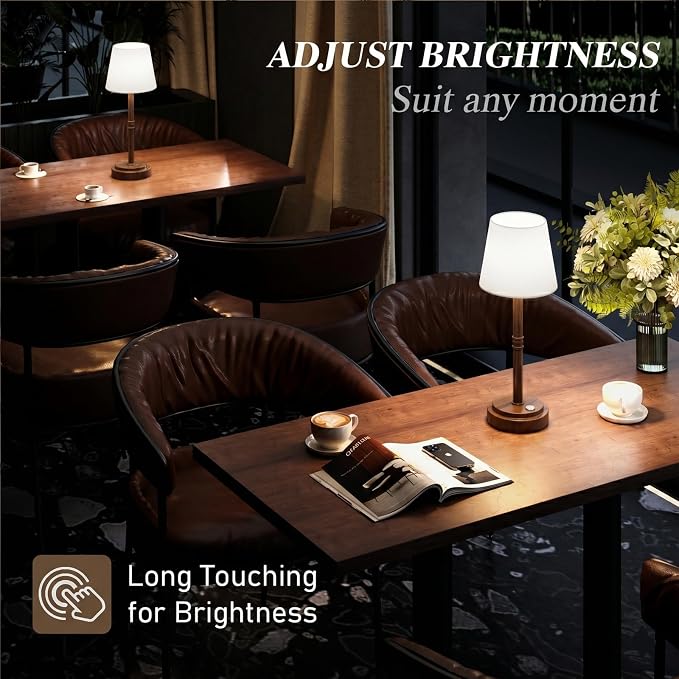 Rechargeable Cordless Table Lamp, Battery Operated Bedside Lamp, Wood Grain | 6000mAh, 4H Charge, 12-36H Runtime, 3000K Warm Light, Touch Dimming