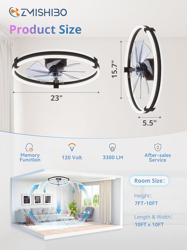 ZMISHIBO 23" RGB Low Profile Ceiling Fans with Lights and Remote, Black | Custom RGB+3CCT Dimmable, 6 Speeds, Remote/App Control, Reversible DC Motor, Memory, Timer, Modern Fandelier for Kids/Bedroom