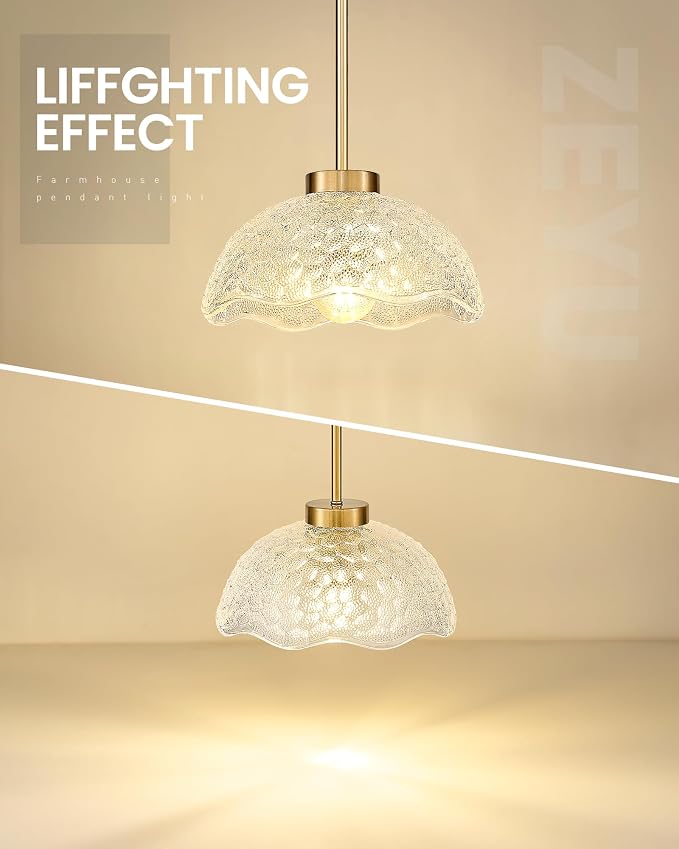 zeyu 2-Pack Pendant Lights Kitchen Island Gold, 10.4'' Ceiling Hanging Light Fixtures, Brushed Gold Pendant Lightings with Clear Hammered Glass, ZJX116M1L-2PK BG