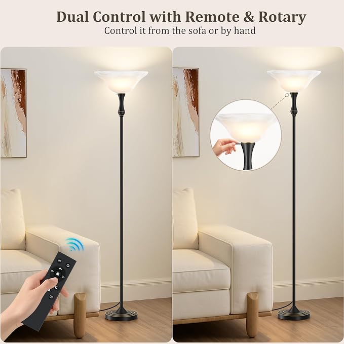 Dimmable LED Torchiere Floor Lamp with Glass Shade | Standing Lamp with Remote & Knob Switch, 3 Color Temperatures, 9W Bulb Included, 69.3" Tall for Living Room, Bedroom & Office