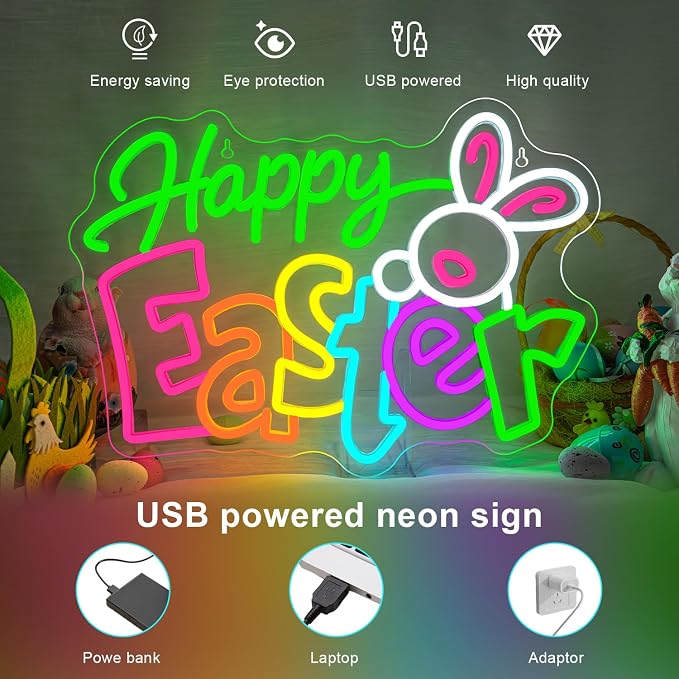 Happy Easter Neon Sign Bunny Neon Light Up Easter Decor Indoor for Home Living Room Windows Spring Decor LED Bunny Sign Rabbit Themed Gifts for Teens Families in Family Games