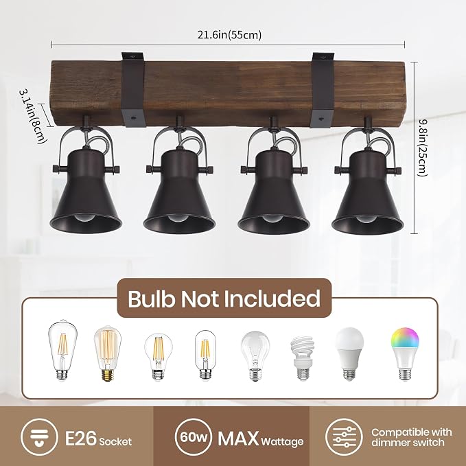 4 Light Semi Flush Mount Ceiling Light, Farmhouse Wooden Track Lighting Fixtures Ceiling, Rustic Kitchen Lights Ceiling for Island Dining Room Living Room.