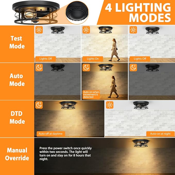Motion Sensor Outdoor Ceiling Light, Dusk to Dawn Flush Mount Light Fixture | 3 Smart Lighting Modes, Upgraded Motion Sensor with 360° PIR Detection for Outside Patio Hallway Driveway Garage Exterior