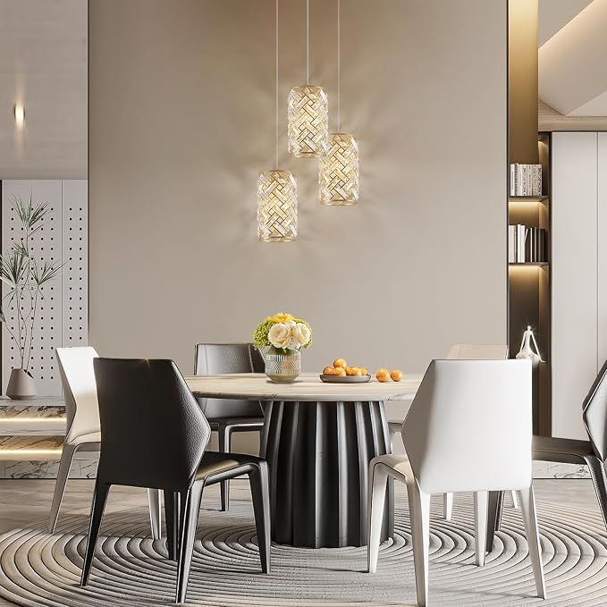 CATINER Modern Crystal Pendant Light Fixture 3-Pack Gold Finish Hanging Lighting Crystal Chandelier for Kitchen Island