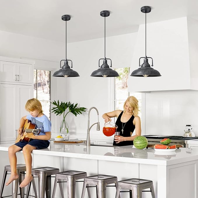 Black and Silver Pendant Light 12.5 inches 3 Packs, Farmhouse Pendant Light, Industrial Pendant Light, Kitchen Pendant Lights, Pendant Lights Kithen Island for Bedroom; Living Room; Kitchen