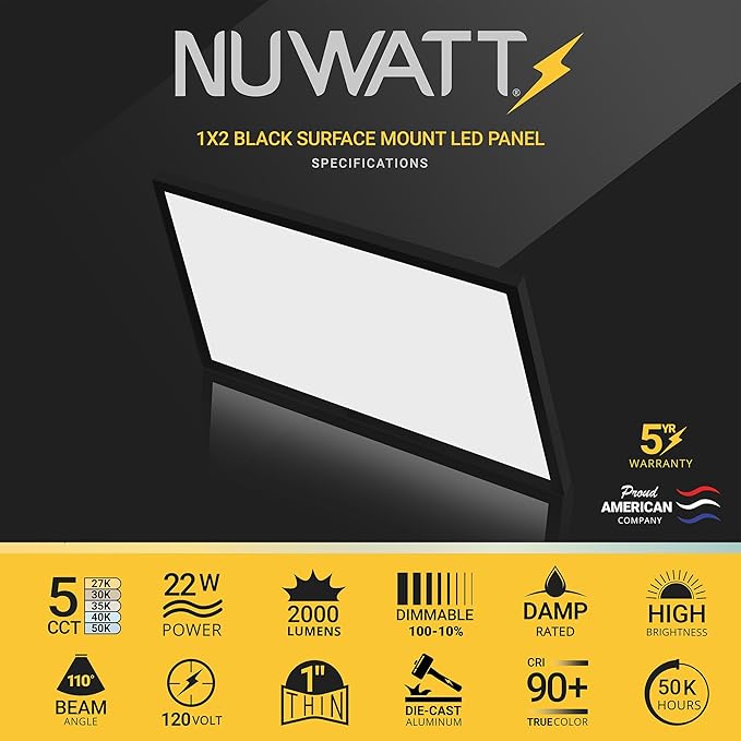 NUWATT 1x2 FT LED Surface Mount Panel, 5CCT 2700K/3000K/3500K/4000K/5000K Selectable, 2000LM, 22W, Internal Driver, Dimmable, 120V, CRI90, 1FT x 2FT Flush Mount Ceiling Light, 1" Inch Thick Black Trim
