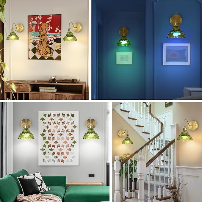 Vintage Battery Operated Wall Sconces Set Of Two, Indoor not Hardwired Brass Green Glass Lampshade Fixtures,Rechargeable Wireless RGB Wall Lights with Dimmable Remote Control,for Bedroom Living Room