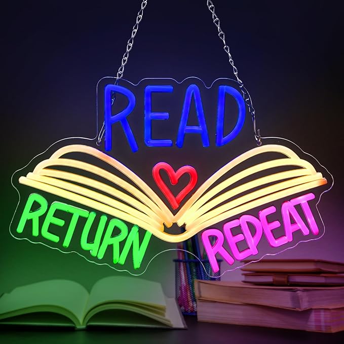 15.8 x 10 Inches Read Neon Sign Read Return Repeat Book USB Dimmable Neon LED Sign for School Library Reading Corner Classroom Wall Decor, Study Room Gifts Art for Book Lover